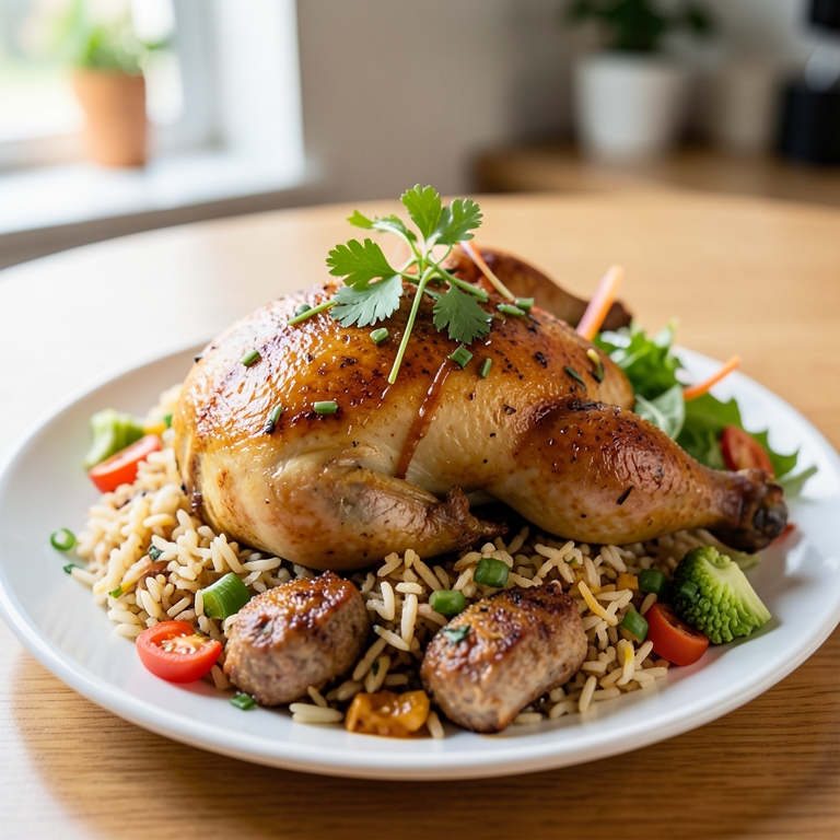 معاينة مرئية أصلية لأكلة ميكس 6 يتكون من نصف دجاجة 3 كفتة أرز و سلطة من مطعم حضرموت