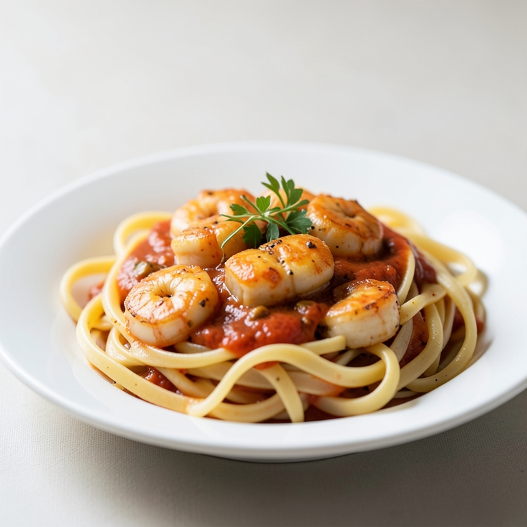 معاينة مرئية أصلية لأكلة مكرونة بالصوص الأبيض مع الجمبري نصين من باستاويسي