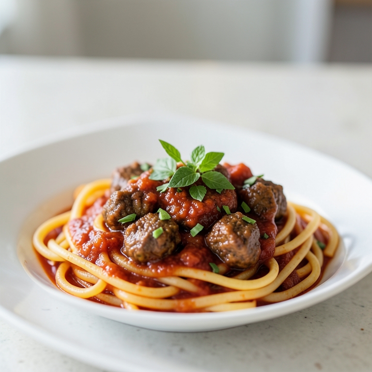 معاينة مرئية أصلية لأكلة مكرونة بالصلصة الحمراء مع كرات لحم داود باشا نصين من باستاويسي