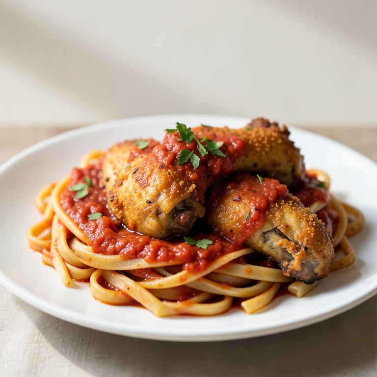 معاينة مرئية أصلية لأكلة مكرونة بالصلصة الحمراء مع صدور الدجاج المقرمشة نصين من باستاويسي