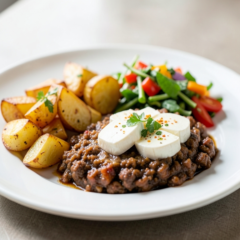 معاينة مرئية أصلية لأكلة بطاطس محمرة مع جبنة و لحم مفروم من باستاويسي